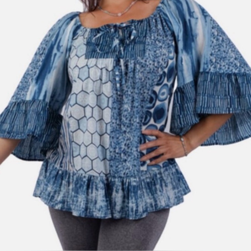 225261 | Sacred Threads Flowy Sapphire Ocean Boho Patchwork Top | Sizes S/M-L/XL